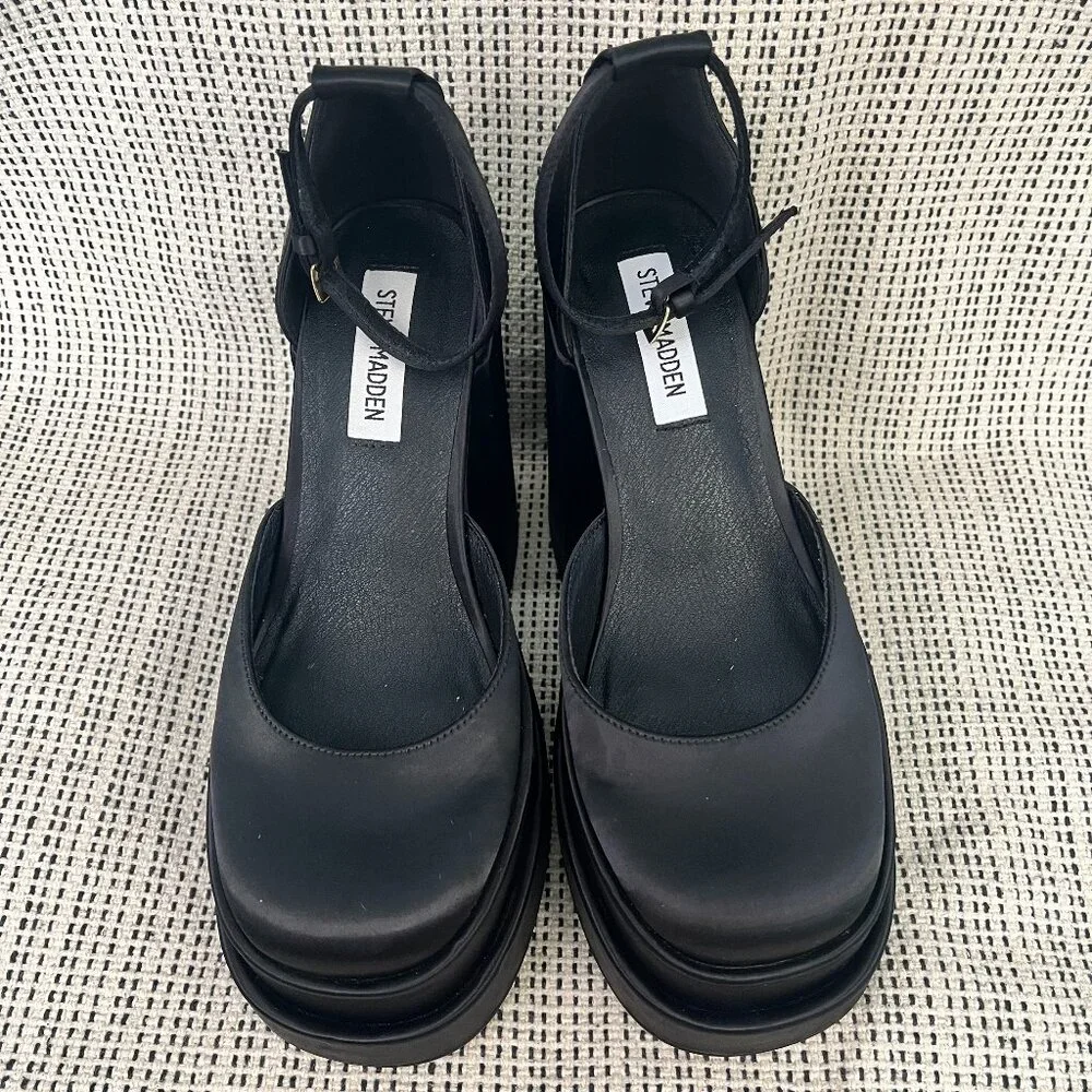 Steve Madden Black Satin Platform Block Heel Pumps